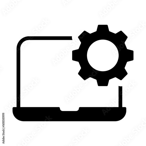 Laptop device icons collection. Gear setting symbol, Containing automated process development, progress, update, upgrade, speed, efficient time, startup, performance, website, operation signs