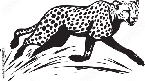 Cheetah Turning Body sharply angled, sprinting or shifting direction, black silhouette vector.