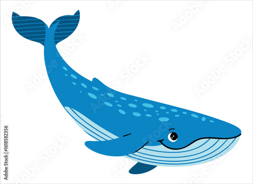 Childish blue whale illustration with fishes and starfish in sea. Cute giant marine animal vector isolated on white background in playful cartoon style