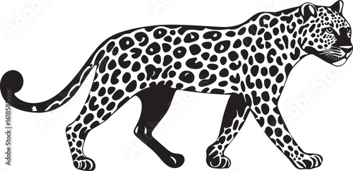 Leopard Walking One paw lifted, body in stride, tail trailing behind, black silhouette vector.