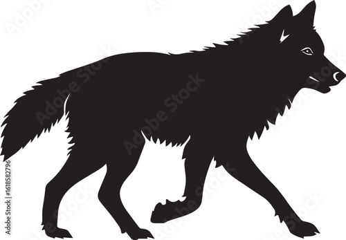 Wolf Walking One paw lifted, body in mid-stride, tail straight and relaxed. full length silhouette black vector illustration