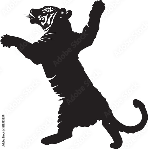 Tiger Frolicking Paws extended, swatting at a toy, in a playful pose, full-length black silhouette vector illustration.