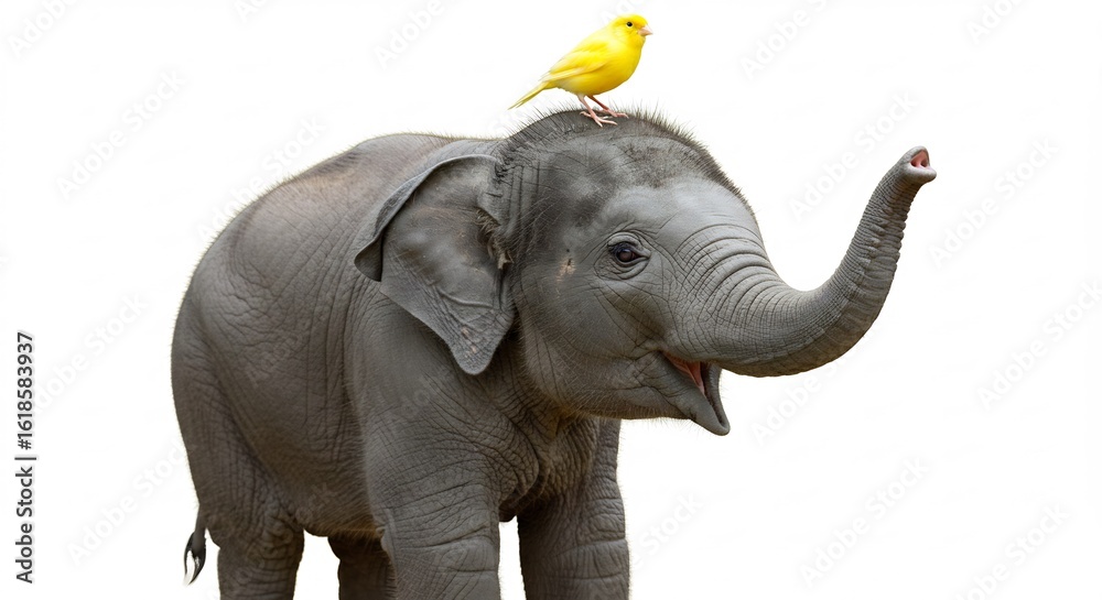 Obraz premium 小さな象の上で黄色い鳥が輝く 幸せな瞬間. AI Generated