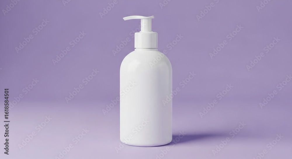 White lotion bottle wpump on a solid purple background casting a distinct shadow to its right White lotion bottle wpump on a solid purple background casting a distinct shadow to its right