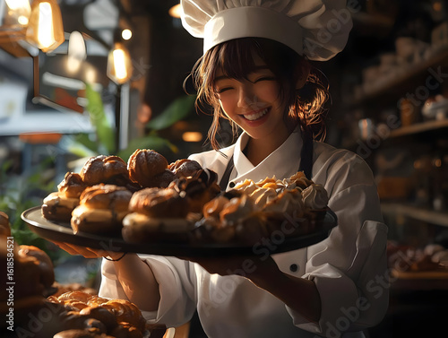 Smiling Chef Holding Tray Of Delicious Pastries