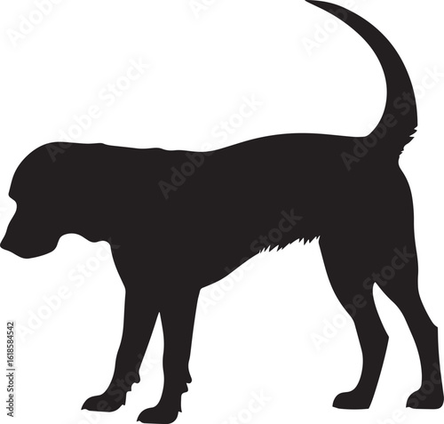 Sniffing Dog Silhouette A dog with head lowered, tail up, sniffing the ground. full length silhouette black vector illustration