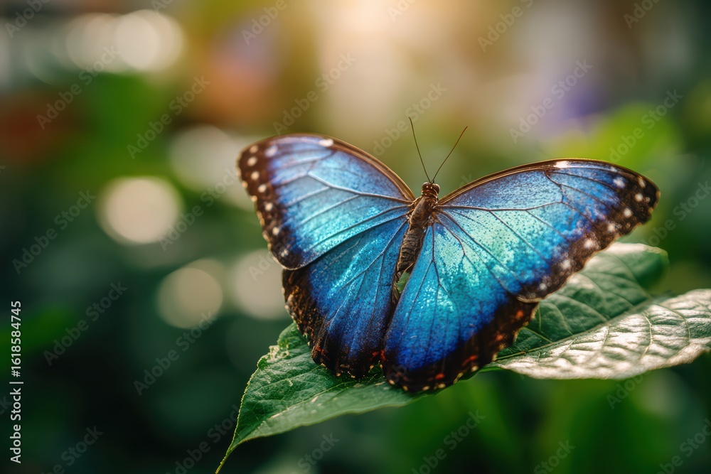 Fototapeta premium blue morpho butterfly with open wings on green leaf
