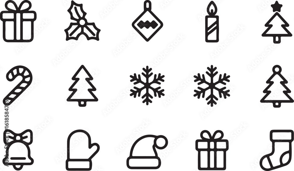 Naklejka premium Set of 16 Minimalist Black-and-White Christmas Icons Featuring Bow, Candle, Candy Cane, Ornament, Mitten, Tree, Apple, Holly, and Festive Elements