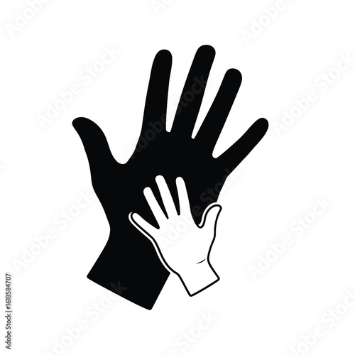 Vector illustration of big hand holding small hand isolated on white background