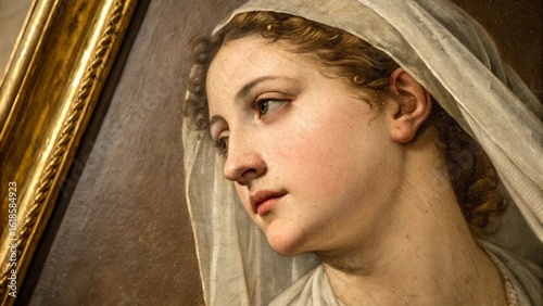 Close Up of Woman Face in Renaissance Style Painting Zoomed Detail in Museum Lighting