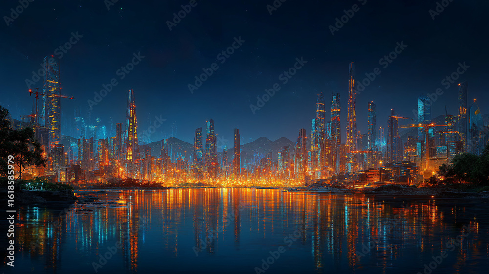 Naklejka premium Nocturnal Metropolis: A breathtaking panorama of a modern city at night, its towering structures ablaze with lights, reflecting serenely on a calm body of water.