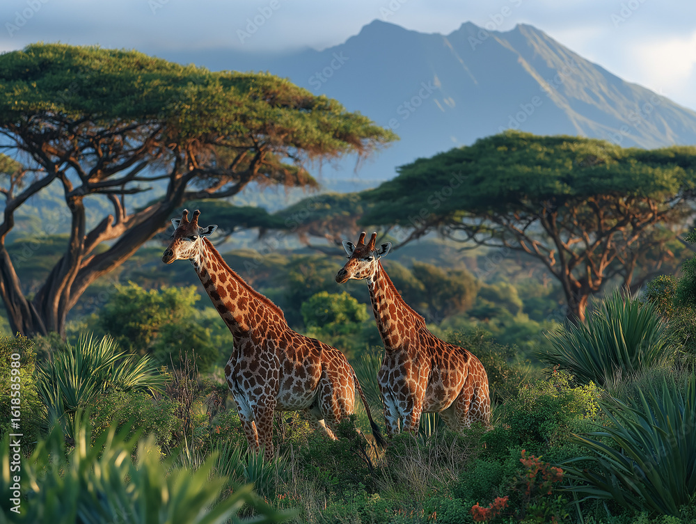 Fototapeta premium Giraffes in African Savannah: Two majestic giraffes gracefully stride through a lush, sun-drenched African savanna.