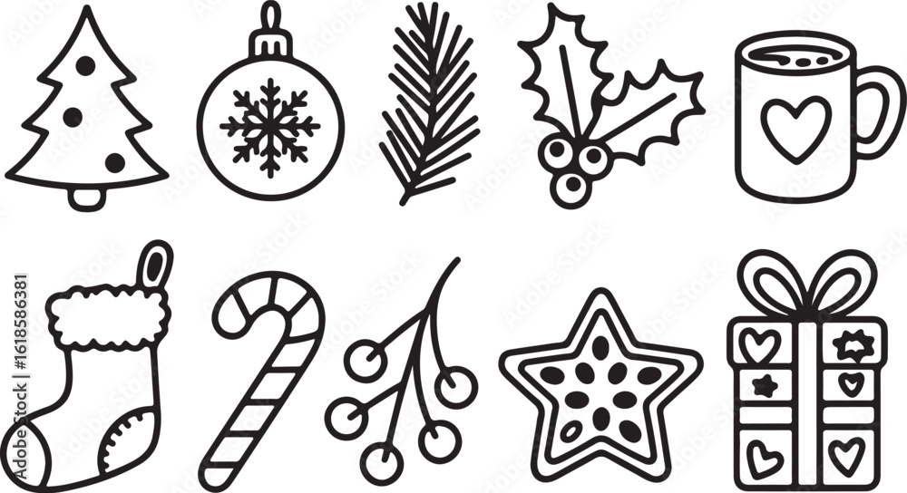 Fototapeta premium Christmas Holiday Line Art Icon Collection with Tree, Ornament, Stocking, Candy Cane, Holly, Gift Box, Mug, and Festive Decorations