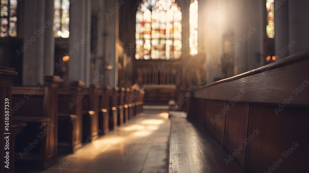Fototapeta premium Serene church interior bathed in warm light through stained glass, evoking tranquility.