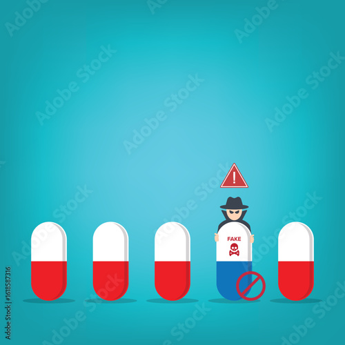 Fake medicine. Pill and tablet with criminal selling illegal drugs. Fake drugs, pharmaceutical. Symbolic for harmful counterfeit pills, risk and danger of illegal produced and sold pharmaceuticals.