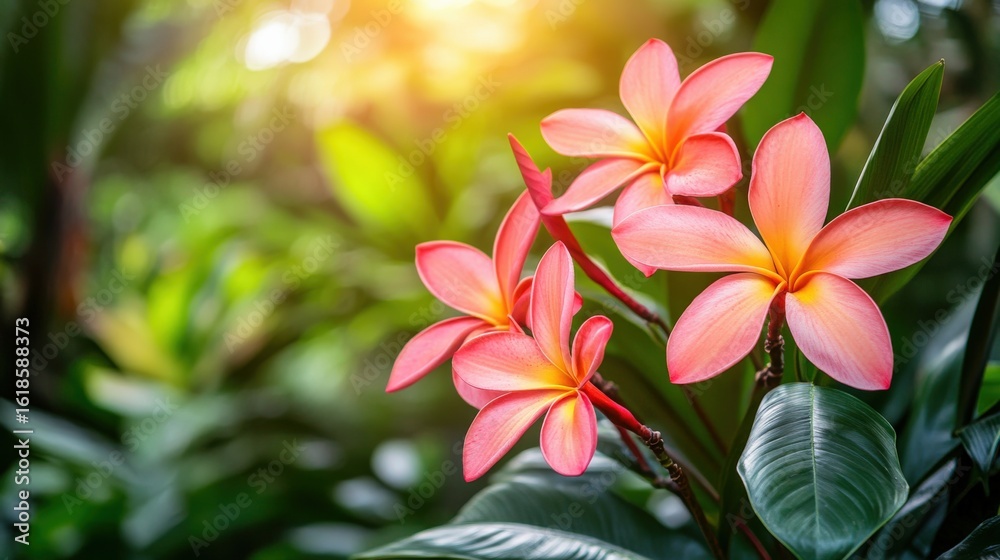 Fototapeta premium Vibrant Pink and Yellow Tropical Flowers Surrounded by Lush Green Foliage in a Sunlit Garden, Capturing the Essence of Natural Beauty and Serenity