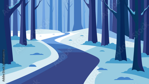 Experience the quiet solitude of a snow covered path in a forest creating a peaceful winter scene
