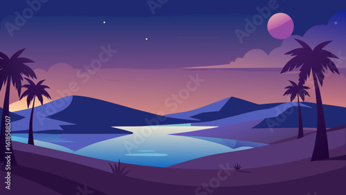 Discover the quiet stillness of a desert oasis at dusk creating a tranquil and magical retreat