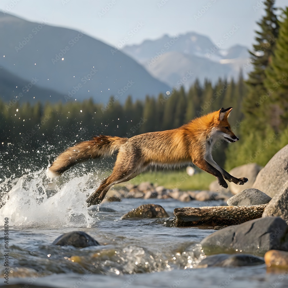 Obraz premium Beautiful red fox standing on a few stones over the water surface. Very focused on its prey. Pure natural wildlife photo. Ready to hunt.