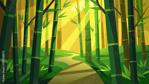 Admire the serene beauty of a bamboo grove with light filtering through creating a peaceful scene