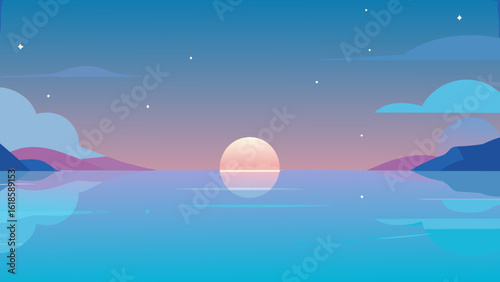 Experience the serene scene of a calm glassy ocean at dawn creating a peaceful coastal vista