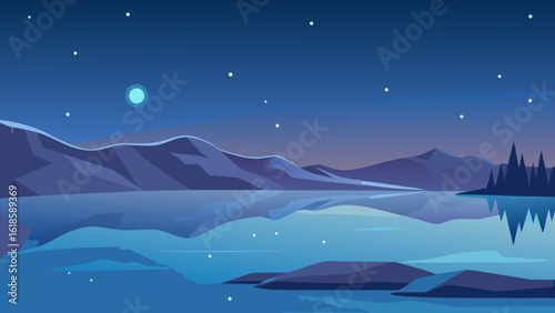 Admire the serene stillness of a frozen lake at twilight creating a peaceful winter landscape