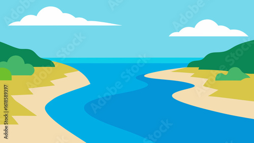 Witness the serene scene of a river's mouth meeting the vast ocean creating a peaceful confluence