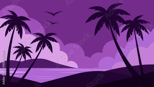 Witness the silhouettes of palm trees on a sea beach against a vibrant sunset sky