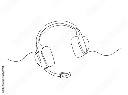 Music headphone in single outline illustration. Continuous line art drawing of earphones music equipment.