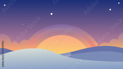 Explore the soft glow of twilight over a snowy field creating a serene and beautiful winter scene
