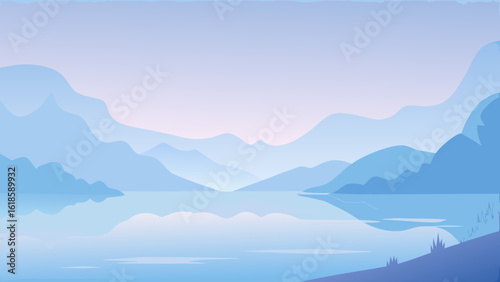 Observe the soft morning light on a misty lake creating a tranquil and picturesque scene