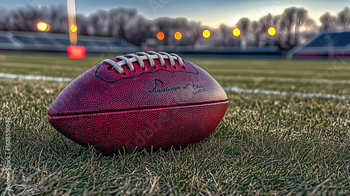 Closeup of Wet Football on a Grassy Field at Sunset