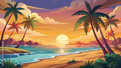 At Smathers Beach, sunrise beautifully framed by palm trees, Key West, Florida, USA, soft waves kiss golden sand. Semi-realistic vector style captures warmth, tropical calm, and glowing horizon.