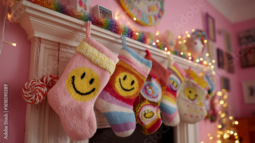 Colorful Christmas Stockings with Smiley Faces Adorning a Festive Fireplace Mantel
