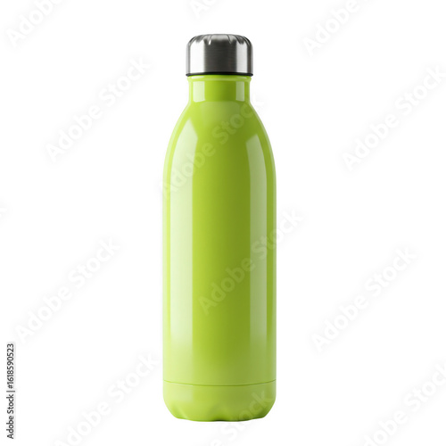 Lime green stainless steel water bottle with silver cap isolated on transparent background