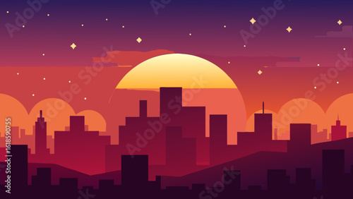 The Sunset Over a City with the Lights Starting to Glow