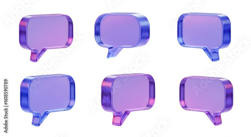Rendered 3D transparent speech bubbles in different angles on a white background used for messaging or communication design