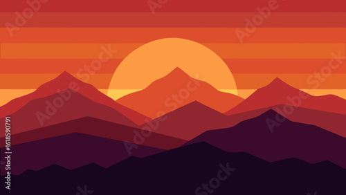The Sunset Over a Mountain Range Creating a Layered Effect