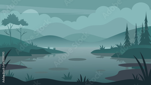 The Tranquil Scene of a Misty Moody Wetland Landscape