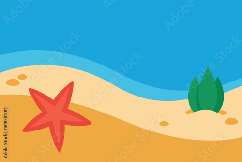  a starfish resting on a sandy beach near the ocean with green coastal plants, vector illustration