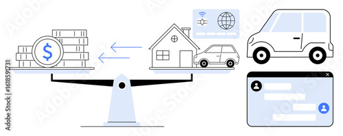 Scale balancing money with assets thumbs up a house, car, and services connected via digital communication. Ideal for finance, budgeting, investment, savings, loans, digital banking simple landing