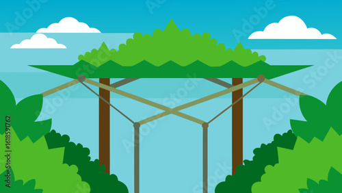 Treetop Canopy Bridge with Dense Leaves Below and Sky View