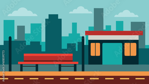 Train Platform with Tracks City Buildings and Waiting Passengers