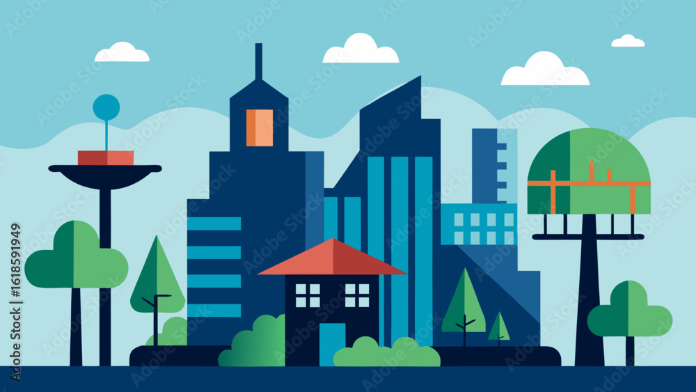 Fototapeta premium Urban Skyline with Treehouse Style Buildings and Sustainable Design