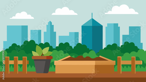 Urban Garden Scene with Raised Beds Compost Bin and Green Plants