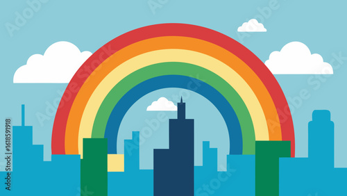 Urban Skyline with Rainbow and Clouds Above Skyscrapers Modern