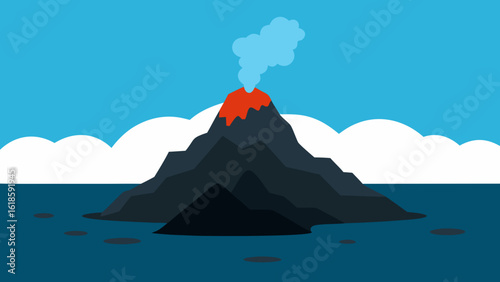Dramatic Volcanic Island with Smoking Crater Black Rocks and Ash
