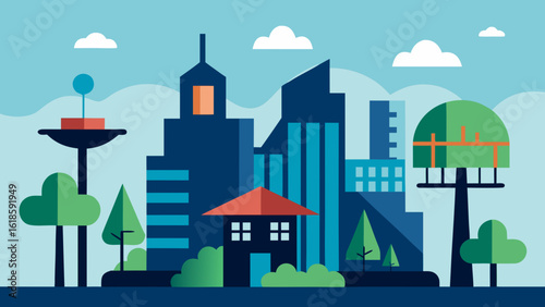 Urban Skyline with Treehouse Style Buildings and Sustainable Design