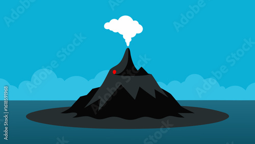 Volcanic Island with Smoking Crater Black Rocks and Dramatic View