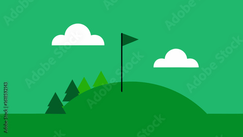 Simple Golf Course Scene with Flag Green and Expansive Clear Sky